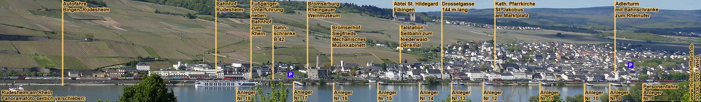 Rüdesheim am Rhein. Panoramafoto mit Schiffsanlegern.